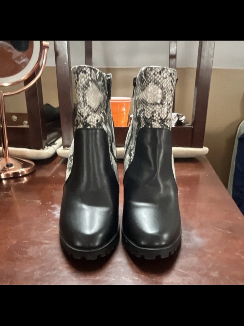 Shoe Dazzle Black Ankle Boots with Snake-Print Shaft